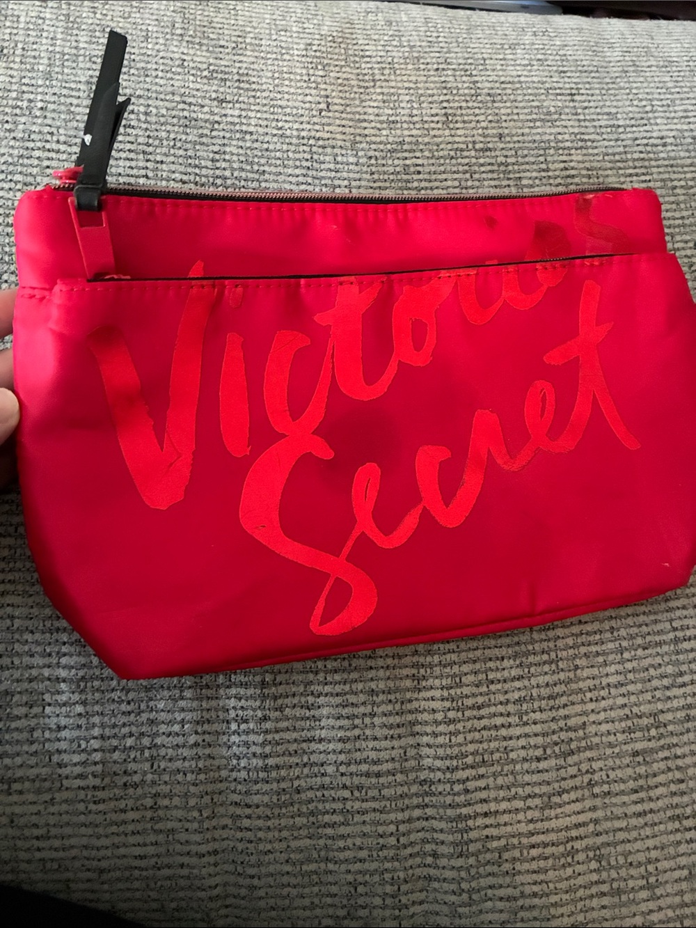 Victoria's Secret Bright Red Script double zip Cosmetic Pouch new unused